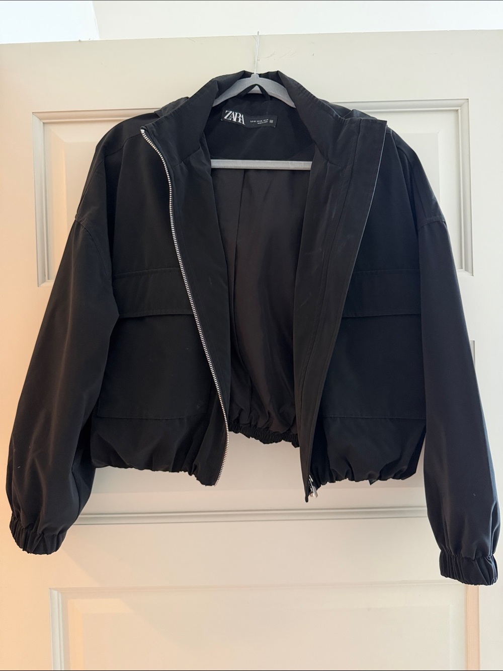 Zara Black Cropped Hooded Bomber with Elastic Hem